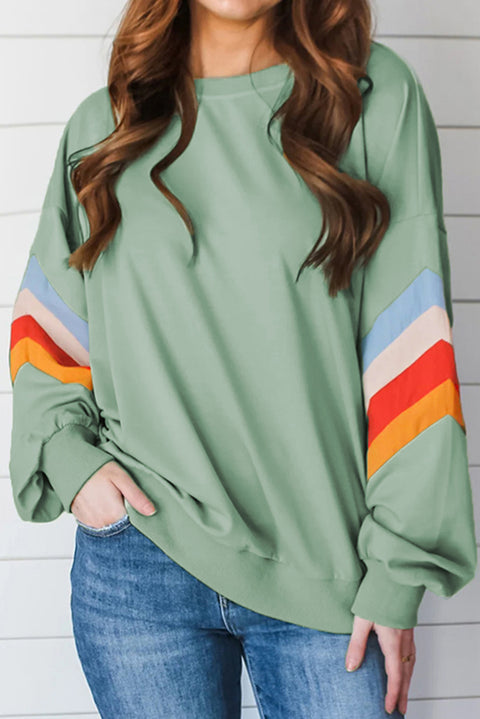 Moonlight Jade Rainbow Striped Sleeve Crew Neck Loose Sweatshirt