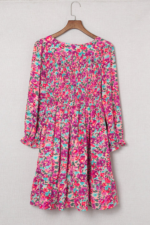 Smocked V Neck Puffy Sleeve Floral Dress