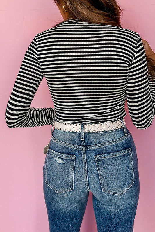 Black Stripe Knit Mock Neck Long Sleeve Slim Top