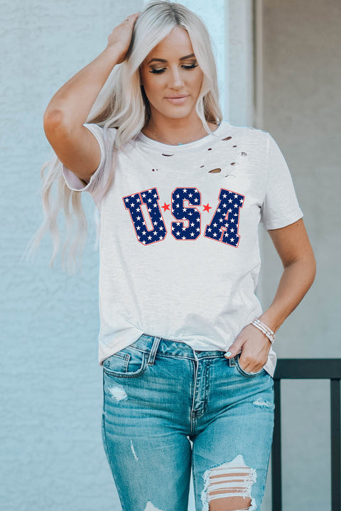 White Star USA Graphic Ripped Detail T Shirt