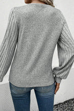 Light Grey Buttoned V Neck Ribbed Puff Sleeve Top