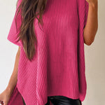 Rose Red Short Sleeve Side Slit Oversized Sweater