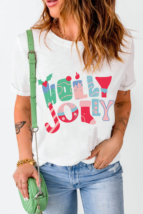 White HOLLY JOLLY Xmas Fashion Printed T-shirt