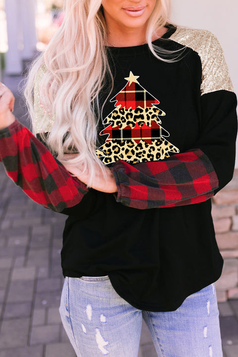 Black Christmas Tree Plaid Print Sequin Patch T Shirt