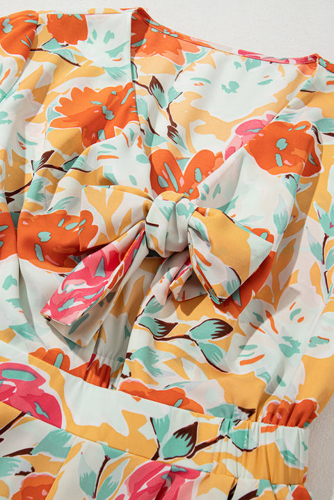 Orange Blooming Floral Print Front Tie Romper