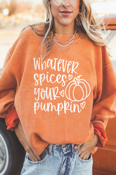 '-3 Pumpkin Letter Print Oversized Corduroy Sweatshirt