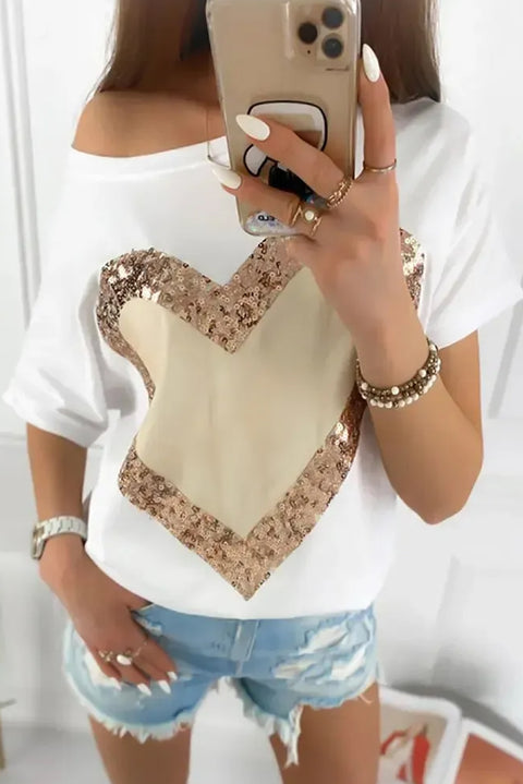 White Valentine\'s Day Sequined Heart Crew Neck Short Sleeve Top