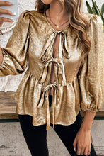 Gold Bow Tie Front Puff 3/4 Sleeve Ruffle Hem Blouse