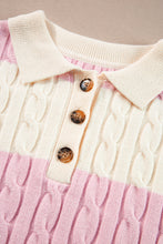 Pink Stripe Cable Knit Collared Henley Sweater