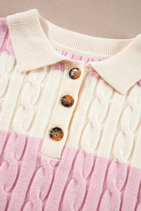 Pink Stripe Cable Knit Collared Henley Sweater