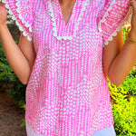 Pink Abstract Print Ric Rac Trim Flutter Sleeve Notch V Neck Blouse