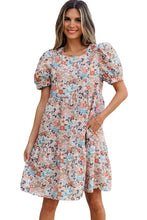 Apricot Bohemian Floral Print Short Puff Sleeve Mini Dress