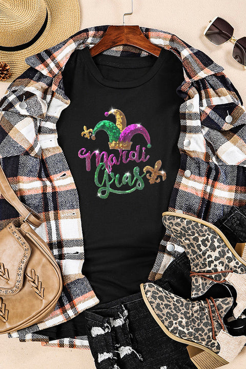 Black Mardi Gras Sequin Pattern Crew Neck T Shirt