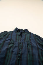 Green Stripe Plaid Puff Sleeve Frilled Trim Elegant Blouse