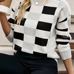 Black Checkered Ribbed Edge O Neck Drop Shoulder Sweater