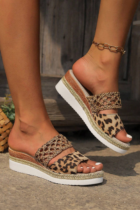 Chestnut Leopard Print Braided Details Wedge Slippers