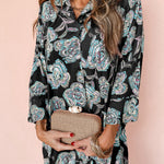 Black Floral Print Lapel Collar Loose Shirt Mini Dress