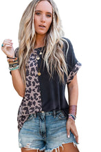 Contrast Solid Leopard Short Sleeve T-shirt Dress with Slits