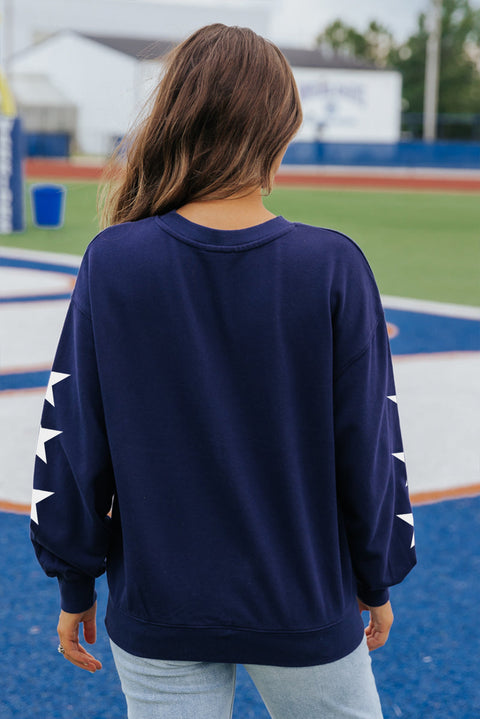 Navy Blue GAME DAY Printed Star Sleeve Crewneck Pullover Sweatshirt