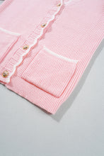 Pink Ribbed Knit Scalloped Edge Side Pockets Buttoned Cardigan