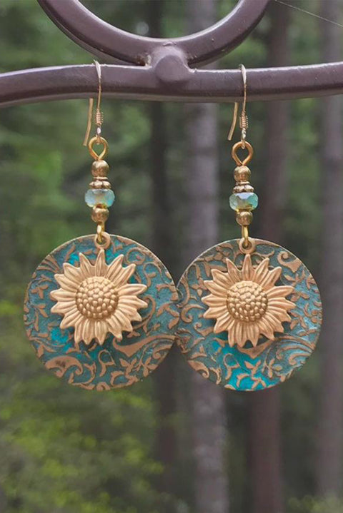 Real Teal Retro Sunflower Disc Alloy Dangle Earrings