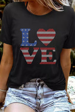 Black Rhinestone USA Flag Stripes and Stars LOVE Graphic T Shirt