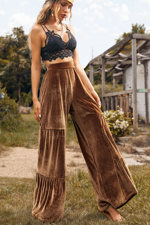 Chestnut Ruffle Hem Wide Leg Velvet Pants