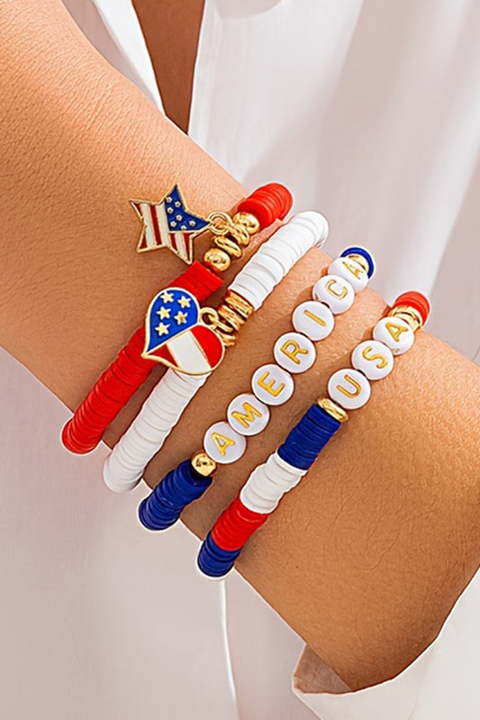 Dark Blue American Flag Pendant Letter Beaded Bracelet Set