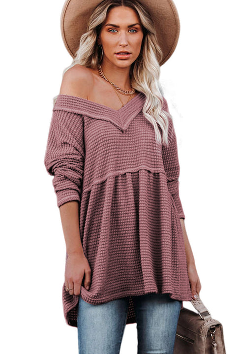 Top tipo babydoll de manga larga con cuello en V y punto tipo gofre rosa