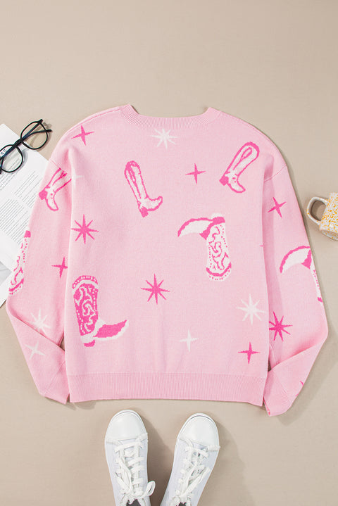 Pink Western Cowboy Boot Sweater