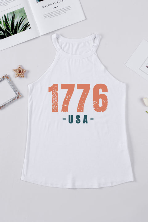 White 1776 USA Printed Round Neck Tank Top