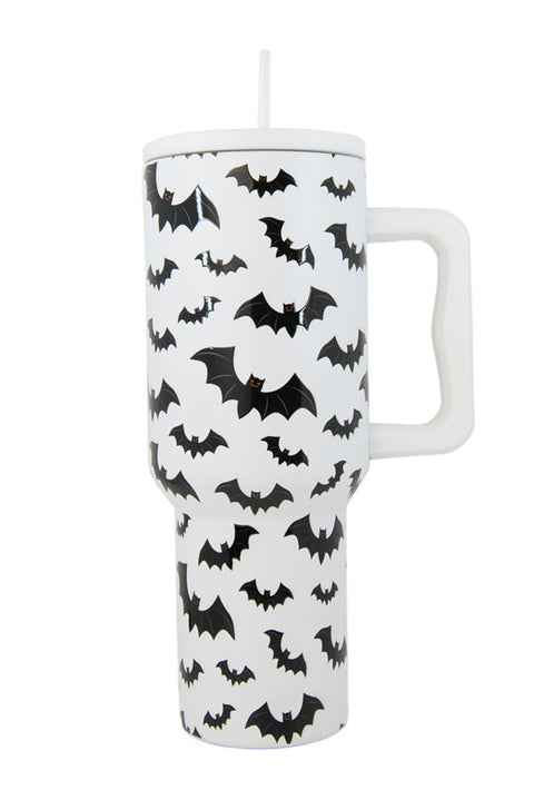 White Halloween Bat Print Handle Large Portable Cup 40 oz