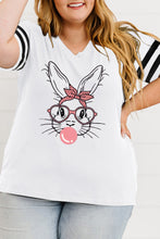 White Cute Easter Bunny Varsity Striped Sleeve Plus V Neck Tee