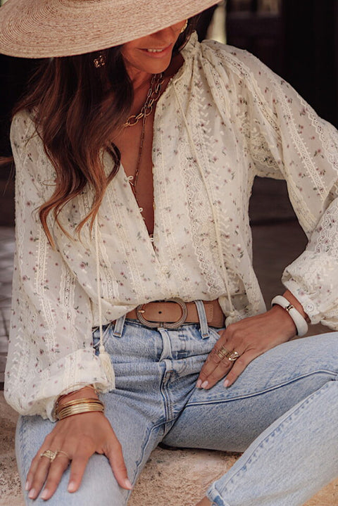 White Floral Embroidered Lace Bubble Sleeve Shirt