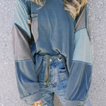 Dusk Blue Colorblock Stitching Patchwork Buttoned Long Sleeve Top