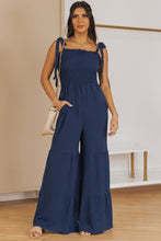 Tie Straps Shirred Bodice Tiered Wide Leg Jumpsuit