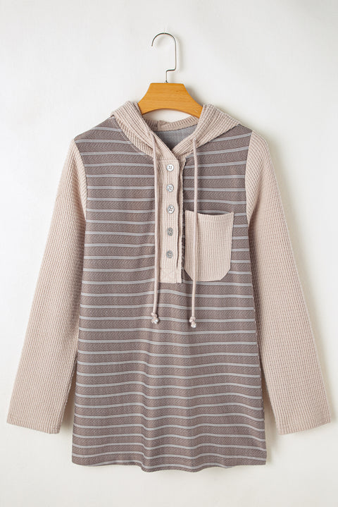 Gray Textured Knit Colorblock Striped Henley Hooded Top