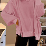 Pink Waffle Knit Bishop Sleeve Split Oversized Sweatshirt