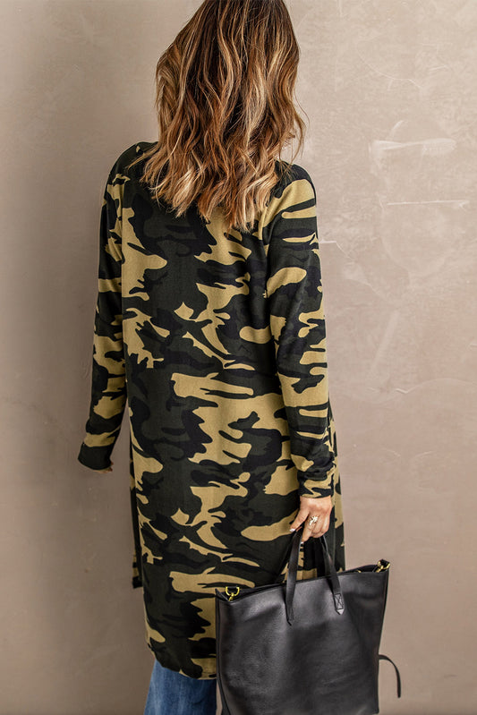 Green Camo Print Long Cardigan