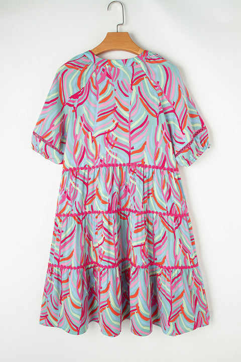 Light Blue Abstract Printed Ricrac Tiered Puff Sleeve Dress