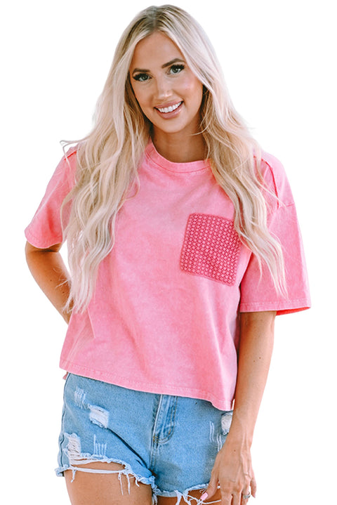 Acid Wash Lace Patch Pocket T-Shirt