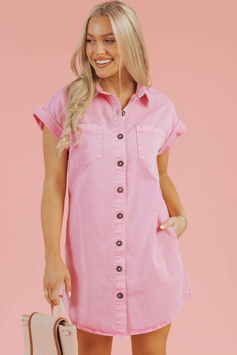 Pink Short Sleeve Double Chest Pocket Denim Shirt Dress