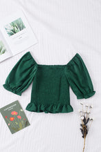 Green Smocked Puffy Sleeve Ruffled Top