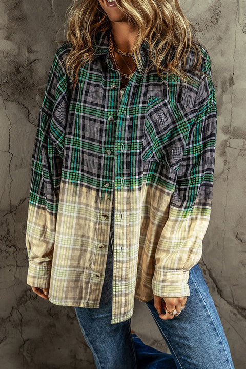 Blackish Green Contrast Plaid Patchwork Chest Pocket Button up Shacket