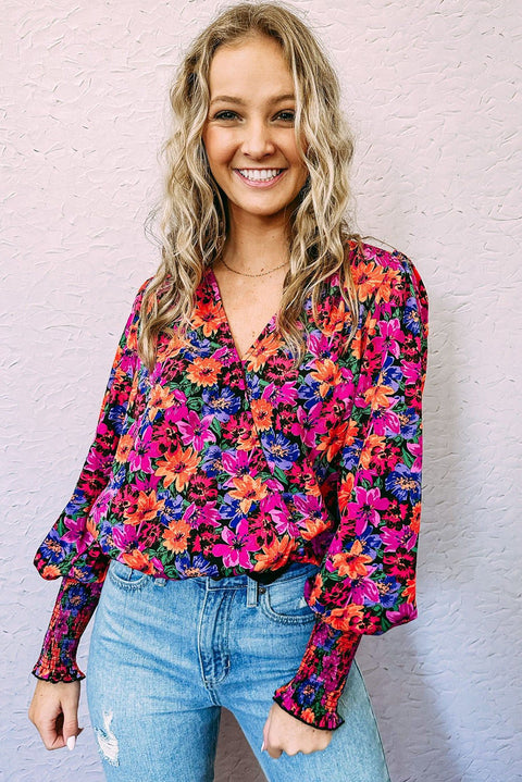 Floral Print Wrap V Neck Long Sleeve Bodysuit