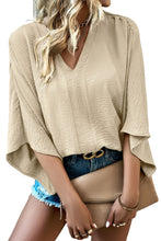 Parchment Solid V Neck Wide Sleeve Crinkled Blouse