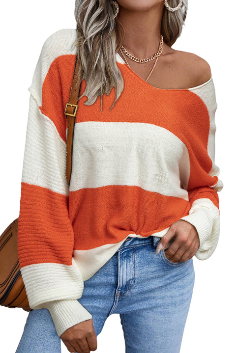 Orange Stripe Loose Color Block Drop Shoulder Bubble Sleeve Sweater