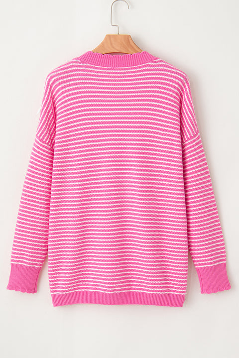 Pink Striped Scallop V Neck Loose Sweater with Slits