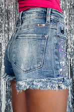 Blue Sparkling Crocodile Print Raw Hem Denim Shorts