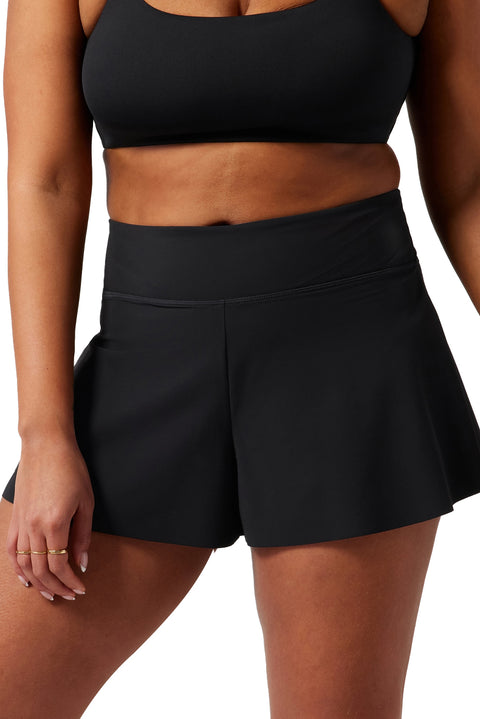 Black Solid Color High Waist Wide Leg Swim Bottom